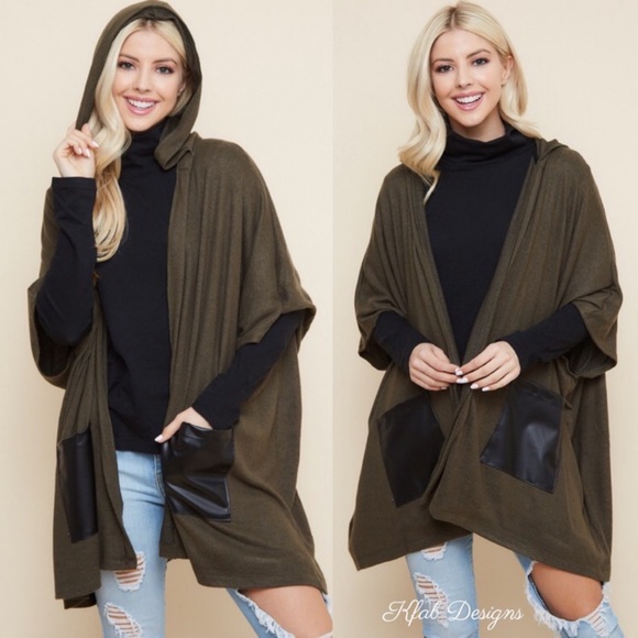 LAST 1! Olive Hooded Poncho Cardigan w/Faux Leather Pockets! - Picture 5 of 6